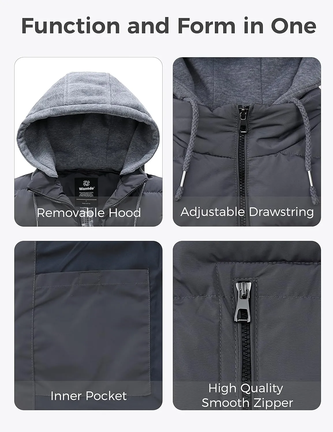 wantdo Men's Quilted Winter Vest Thicken Sleeveless Jacket with Detachable Hood