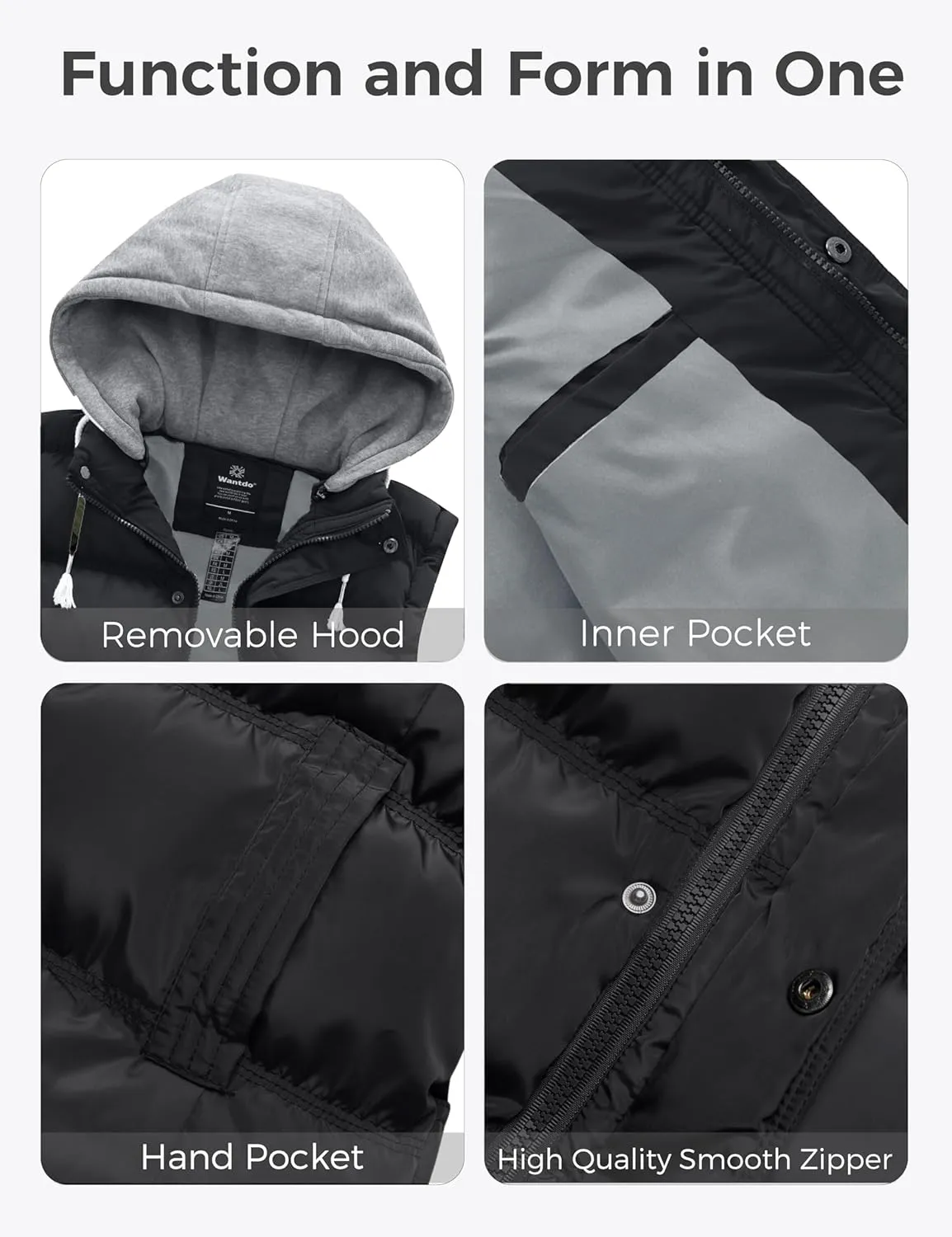 Wantdo Men's Thicken Winter Vest Water-Resistant Puffer Jacket Thicken Vest with Removable Hood