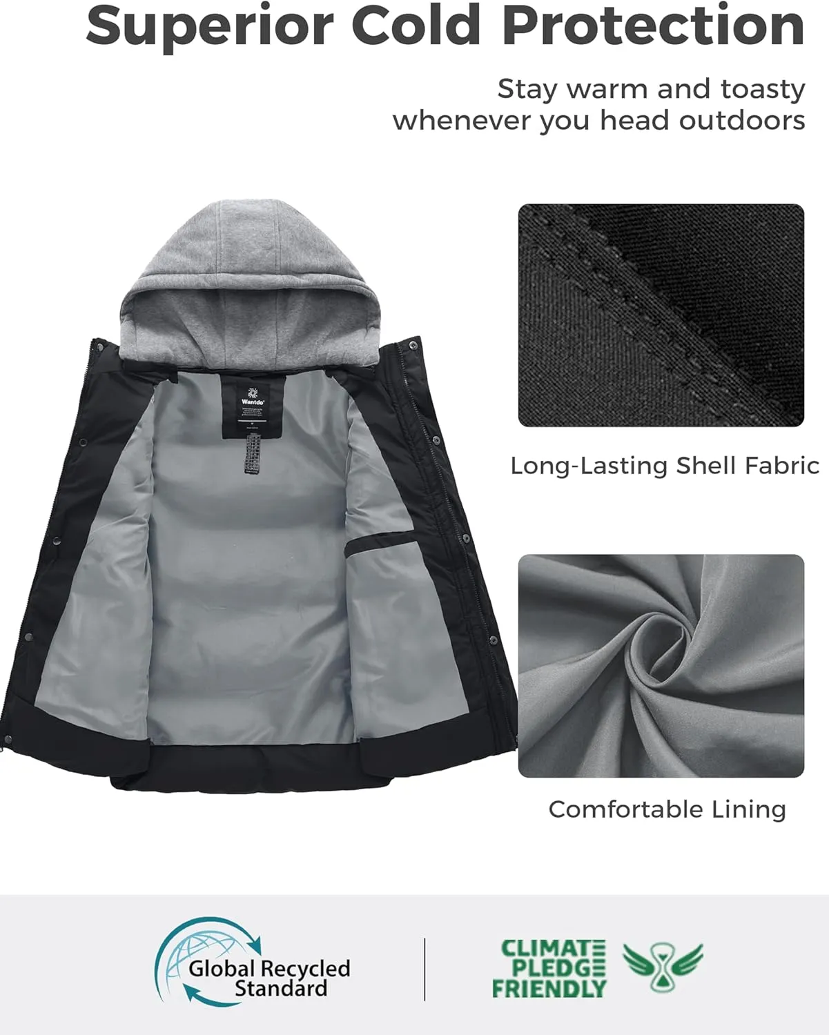 Wantdo Men's Thicken Winter Vest Water-Resistant Puffer Jacket Thicken Vest with Removable Hood