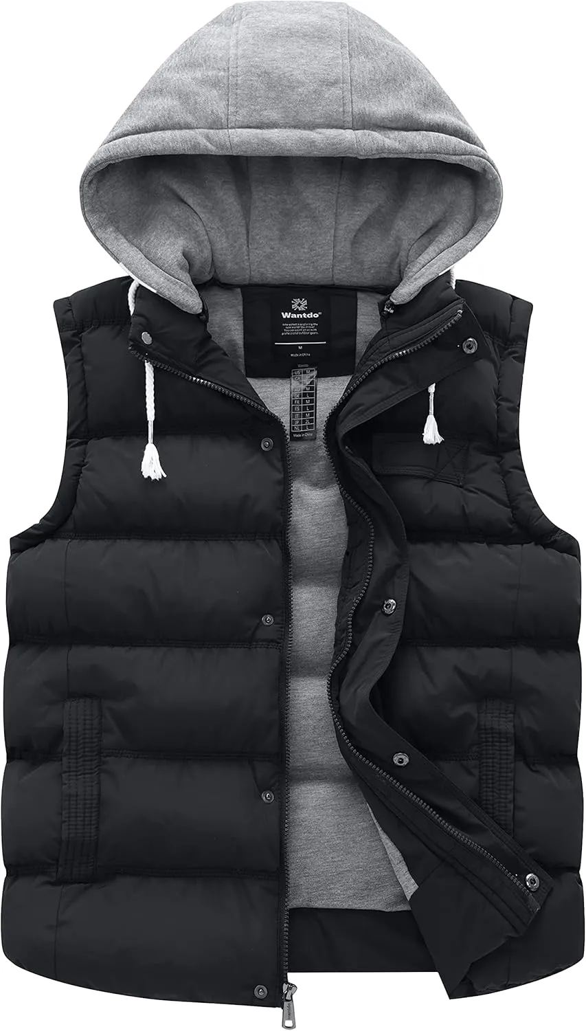 Wantdo Men's Thicken Winter Vest Water-Resistant Puffer Jacket Thicken Vest with Removable Hood
