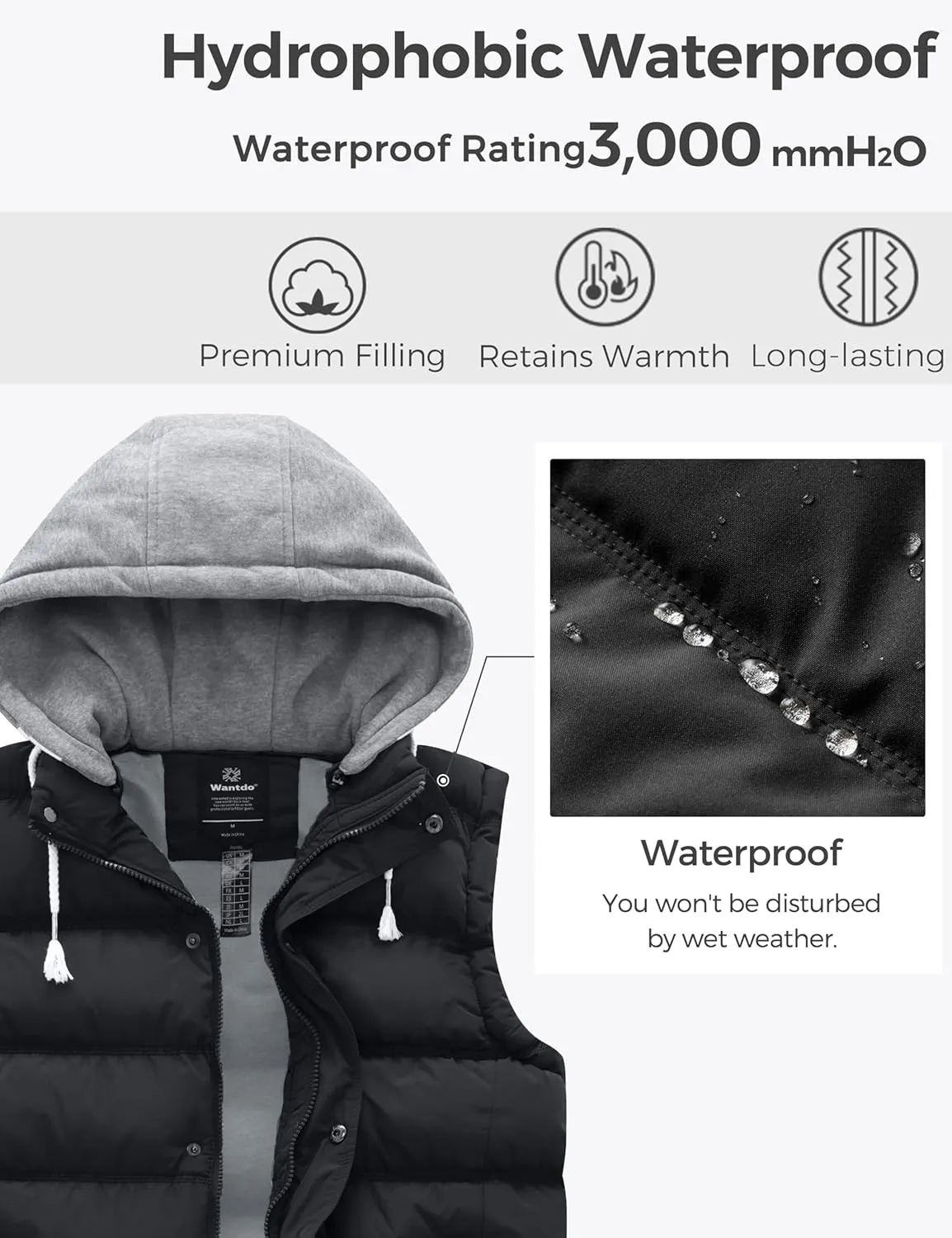 Wantdo Men's Thicken Winter Vest Water-Resistant Puffer Jacket Thicken Vest with Removable Hood