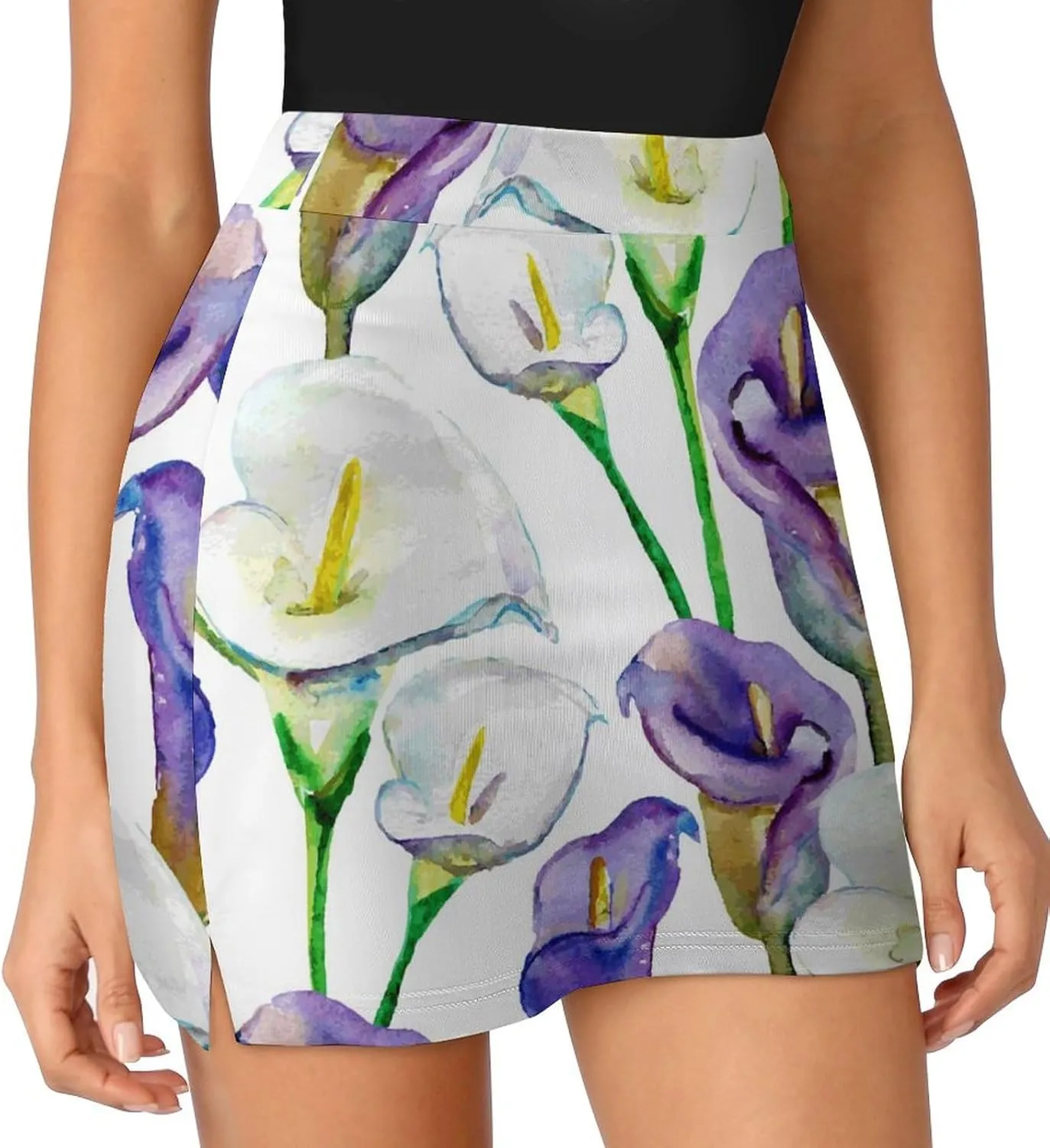 Watercolor Calla Lily Flowers Women's Mini Tennis Skirt with Shorts Underneath Athletic Workout Cute Skorts