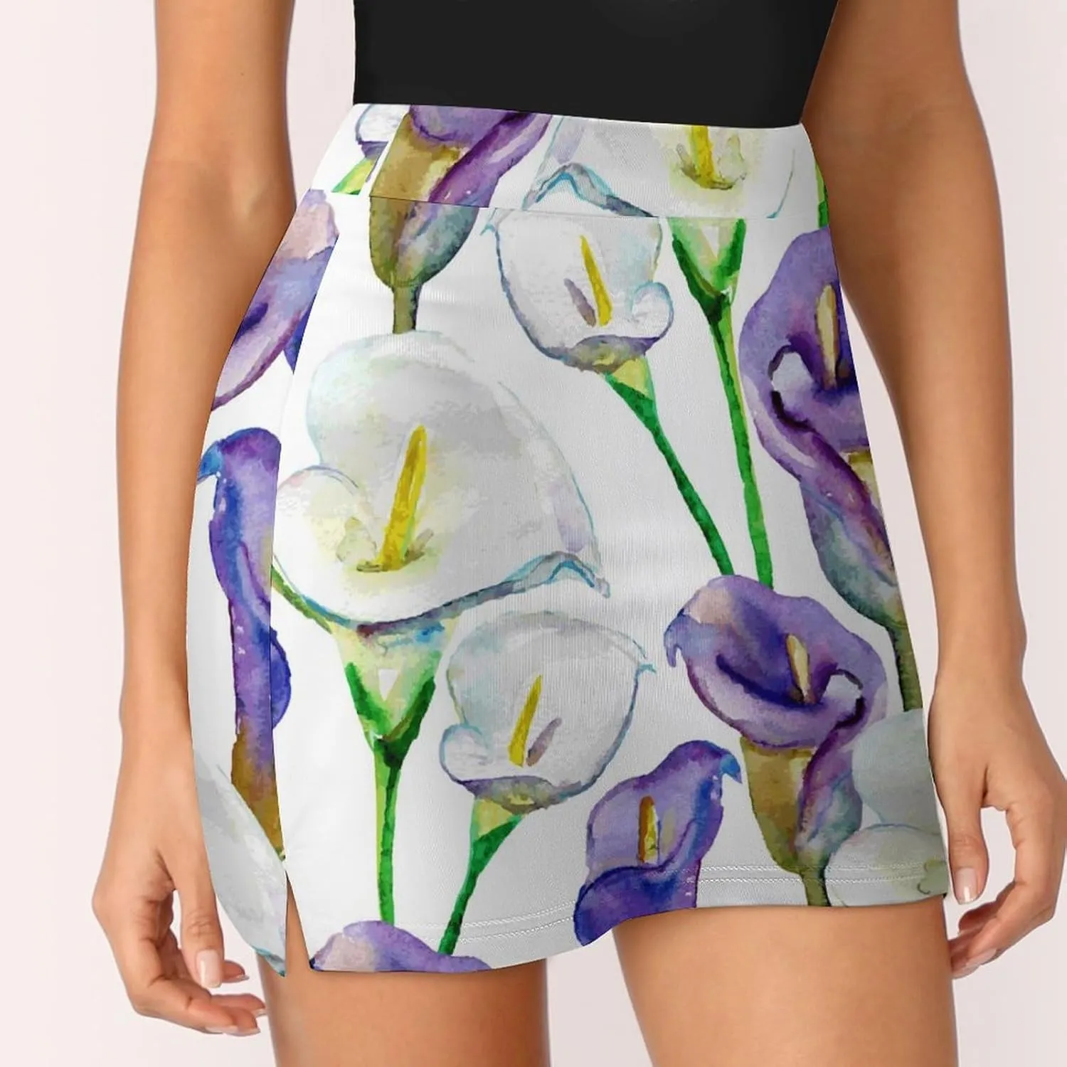 Watercolor Calla Lily Flowers Women's Mini Tennis Skirt with Shorts Underneath Athletic Workout Cute Skorts