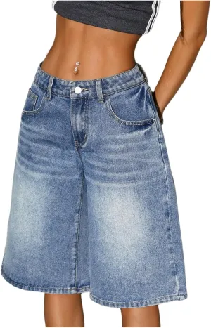 WDIRARA Women's Low Rise Baggy Denim Shorts Wide Leg Bermuda Jean Shorts
