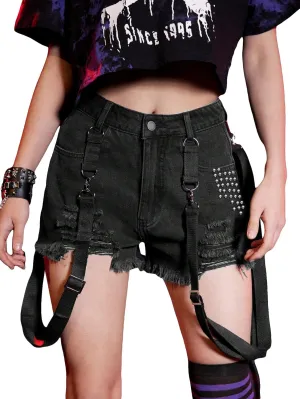 WDIRARA Women's Ripped Raw Hem High Waisted Denim Shorts Goth Studded Punk Shorts