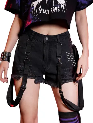 WDIRARA Women's Ripped Raw Hem High Waisted Denim Shorts Goth Studded Punk Shorts