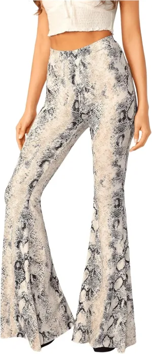 WDIRARA Women's Snakeskin High Waist Casual Flare Bell Bottom Stretch Long Pants