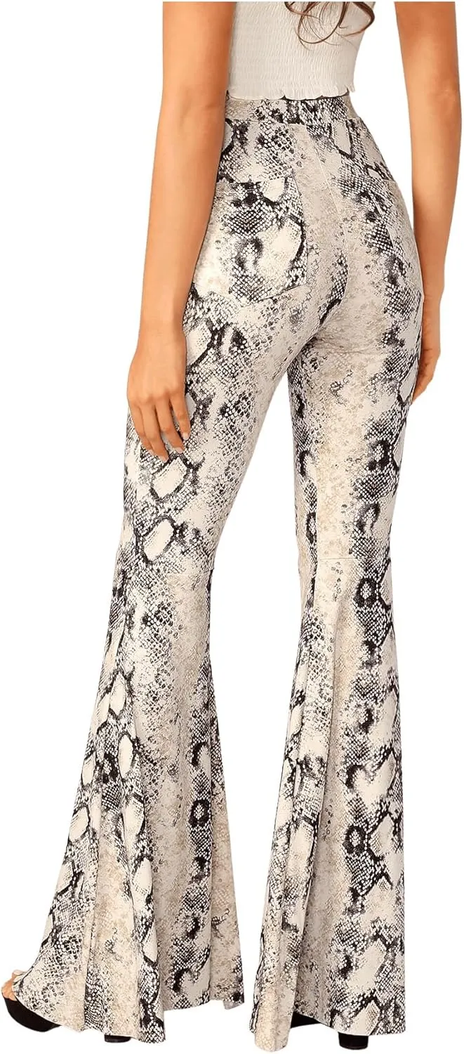 WDIRARA Women's Snakeskin High Waist Casual Flare Bell Bottom Stretch Long Pants