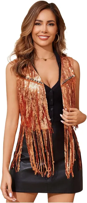 WERFORU Women's Sequin Sleeveless Tassel Vest Western Sequin Tassel Vest Sparkly Fringe Cowgirl Outfit