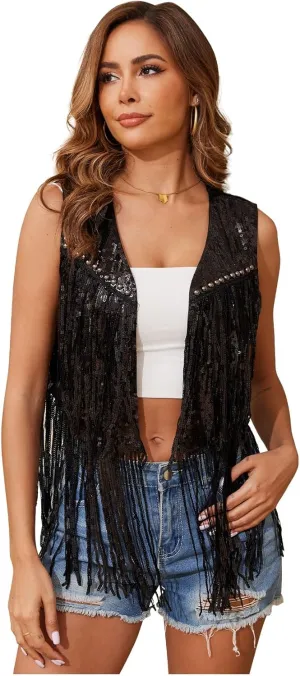 WERFORU Women's Sequin Sleeveless Tassel Vest Western Sequin Tassel Vest Sparkly Fringe Cowgirl Outfit