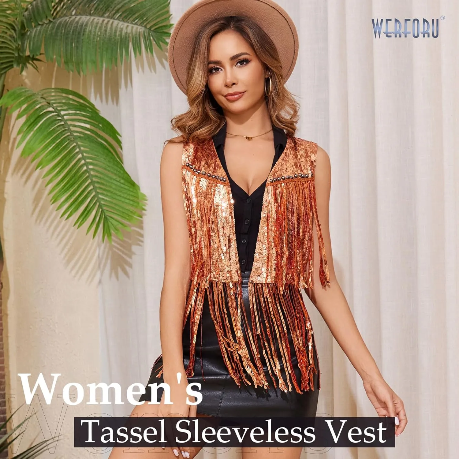 WERFORU Women's Sequin Sleeveless Tassel Vest Western Sequin Tassel Vest Sparkly Fringe Cowgirl Outfit