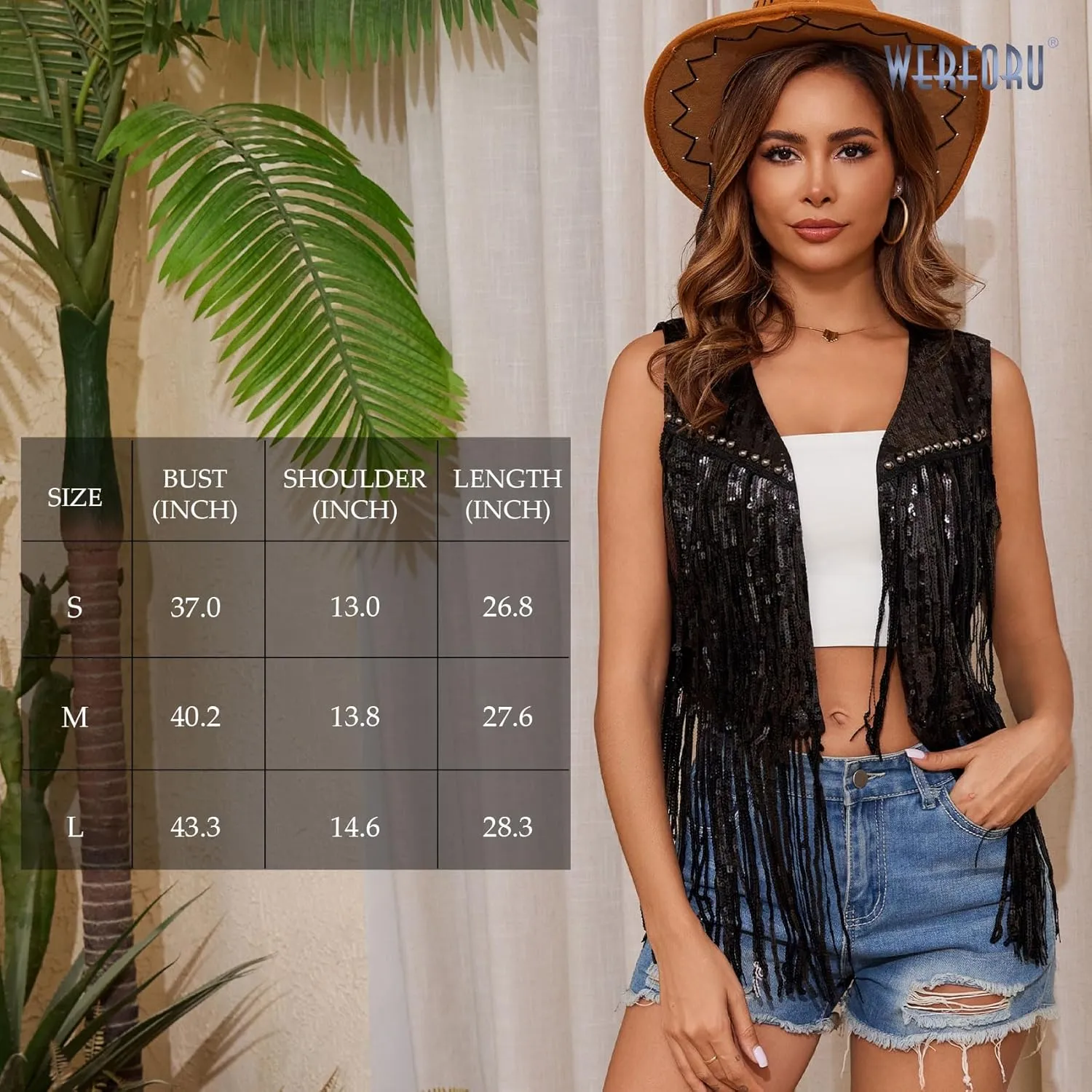 WERFORU Women's Sequin Sleeveless Tassel Vest Western Sequin Tassel Vest Sparkly Fringe Cowgirl Outfit