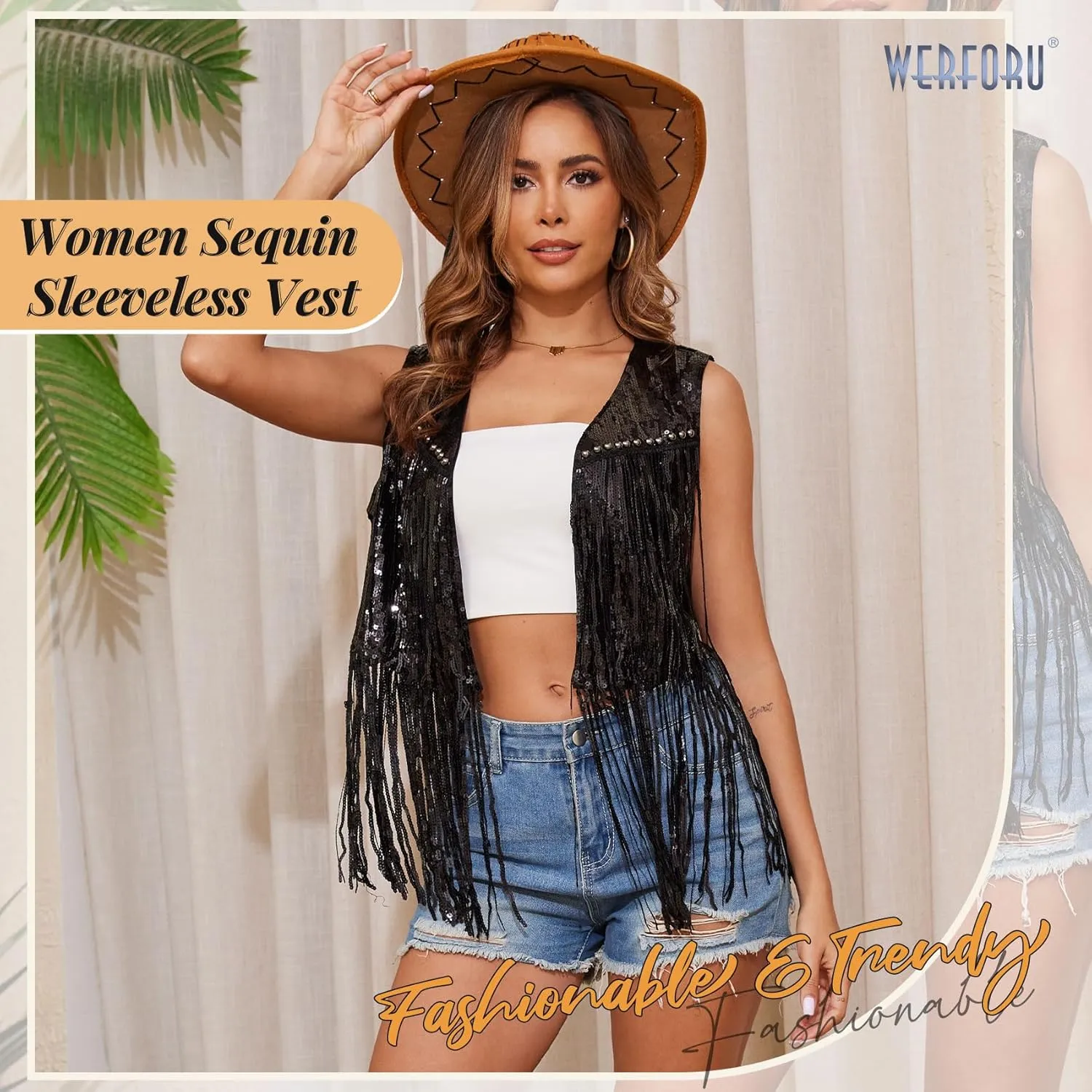 WERFORU Women's Sequin Sleeveless Tassel Vest Western Sequin Tassel Vest Sparkly Fringe Cowgirl Outfit