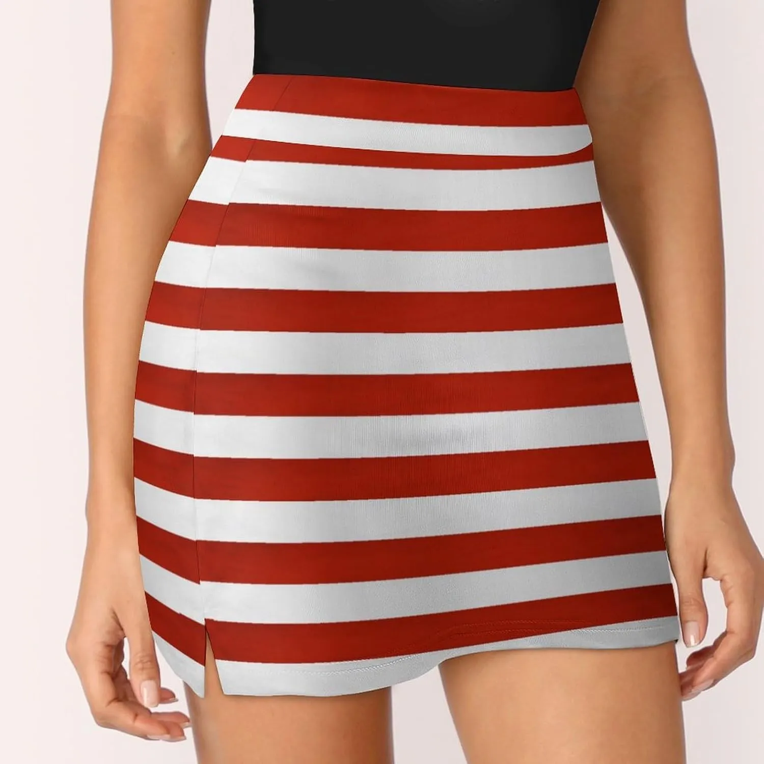 White and Red Stripe Women's Mini Tennis Skirt with Shorts Underneath Athletic Workout Cute Skorts