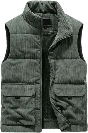 Winter Wool Vest Men Cotton Padded Warm Jacket Sleeveless Coat Stand Collar Waistcoat Corduroy Outwear