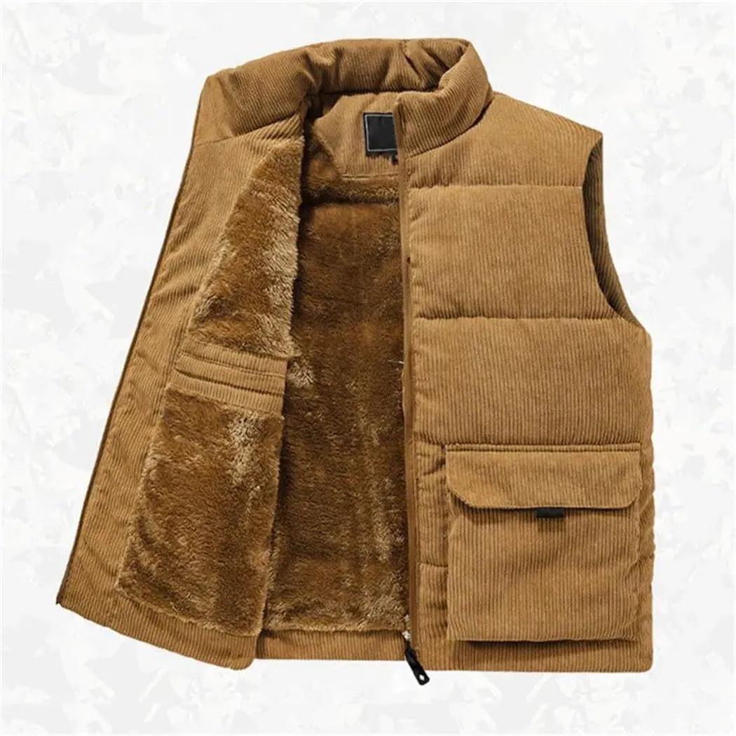 Winter Wool Vest Men Cotton Padded Warm Jacket Sleeveless Coat Stand Collar Waistcoat Corduroy Outwear