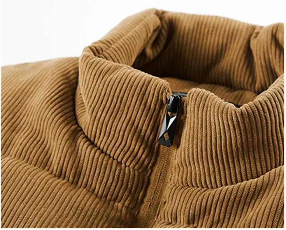 Winter Wool Vest Men Cotton Padded Warm Jacket Sleeveless Coat Stand Collar Waistcoat Corduroy Outwear