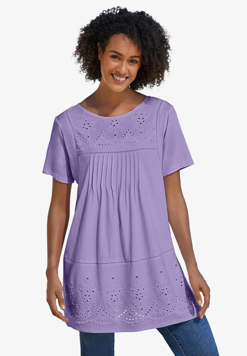 Woman Within Plus Size Embroidered Eyelet Pintucked Tunic