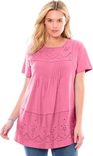 Woman Within Plus Size Embroidered Eyelet Pintucked Tunic