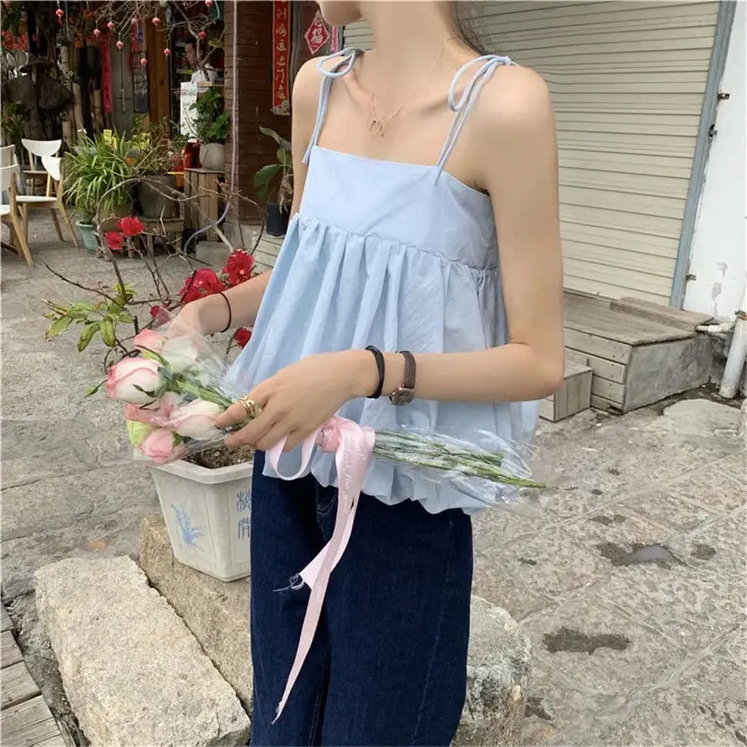 Women Blue Camisoles Backless Fresh Basic Sleeveless Tees Bandage Camis Tank Tops