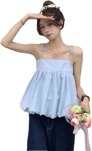 Women Blue Camisoles Backless Fresh Basic Sleeveless Tees Bandage Camis Tank Tops