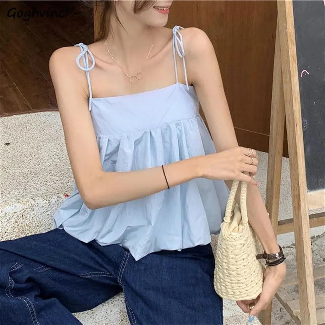 Women Blue Camisoles Backless Fresh Basic Sleeveless Tees Bandage Camis Tank Tops