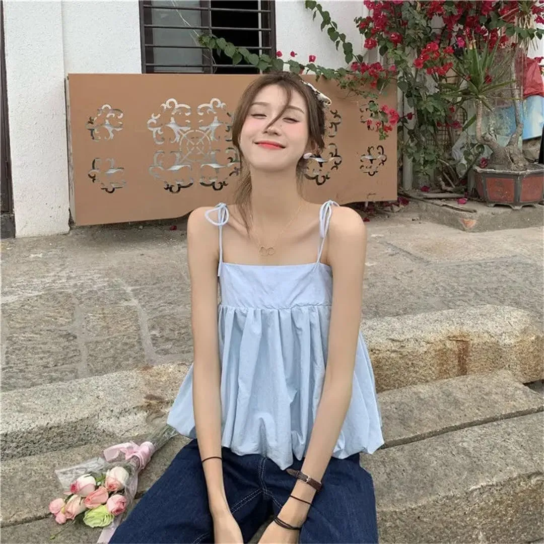 Women Blue Camisoles Backless Fresh Basic Sleeveless Tees Bandage Camis Tank Tops