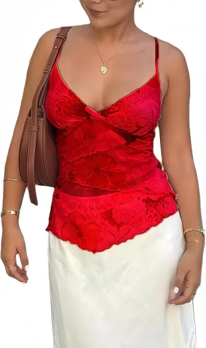 Women Floral Print Camisole Sheer Mesh Ruffle Tank Top V-Neck Spaghetti Strap Y2K Backless Top Sexy Slim Fit Shirt
