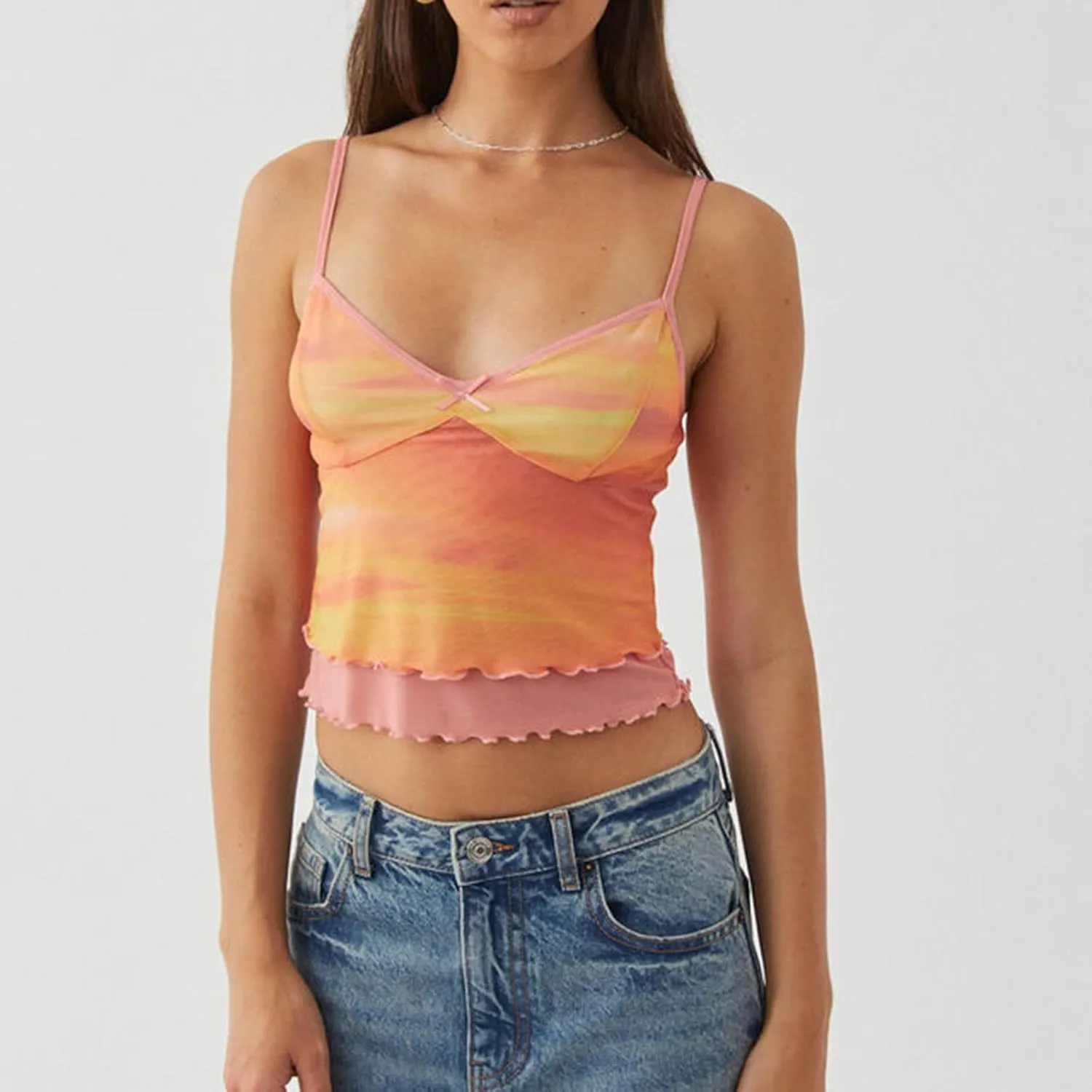 Women Floral Print Camisole Sheer Mesh Ruffle Tank Top V-Neck Spaghetti Strap Y2K Backless Top Sexy Slim Fit Shirt