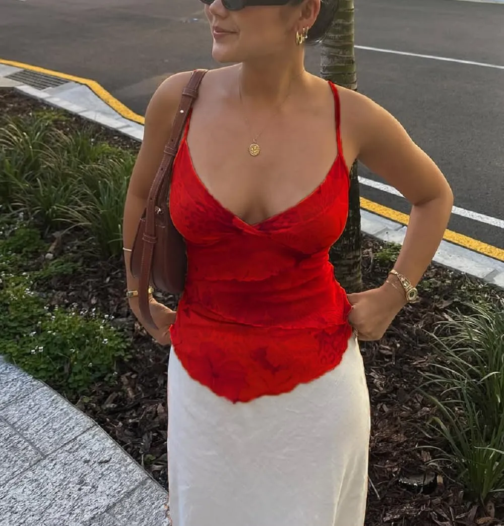 Women Floral Print Camisole Sheer Mesh Ruffle Tank Top V-Neck Spaghetti Strap Y2K Backless Top Sexy Slim Fit Shirt