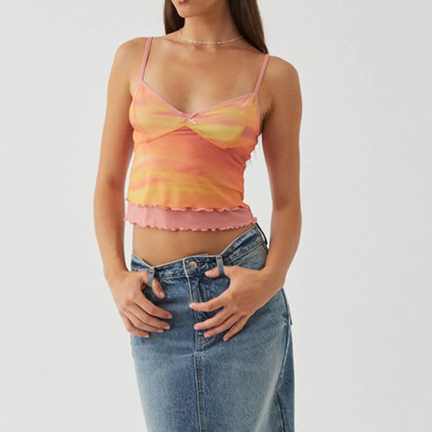 Women Floral Print Camisole Sheer Mesh Ruffle Tank Top V-Neck Spaghetti Strap Y2K Backless Top Sexy Slim Fit Shirt