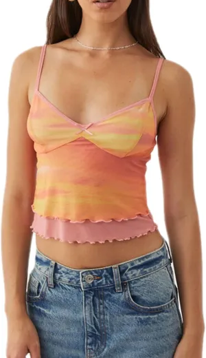 Women Floral Print Camisole Sheer Mesh Ruffle Tank Top V-Neck Spaghetti Strap Y2K Backless Top Sexy Slim Fit Shirt