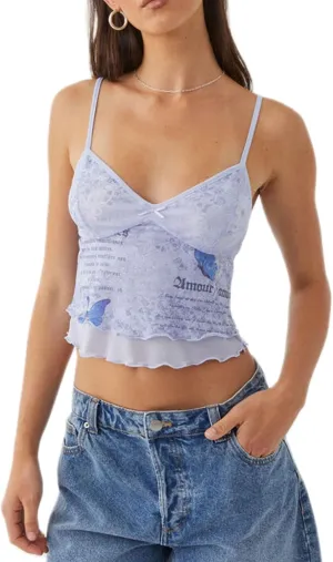 Women Floral Print Camisole Sheer Mesh Ruffle Tank Top V-Neck Spaghetti Strap Y2K Backless Top Sexy Slim Fit Shirt