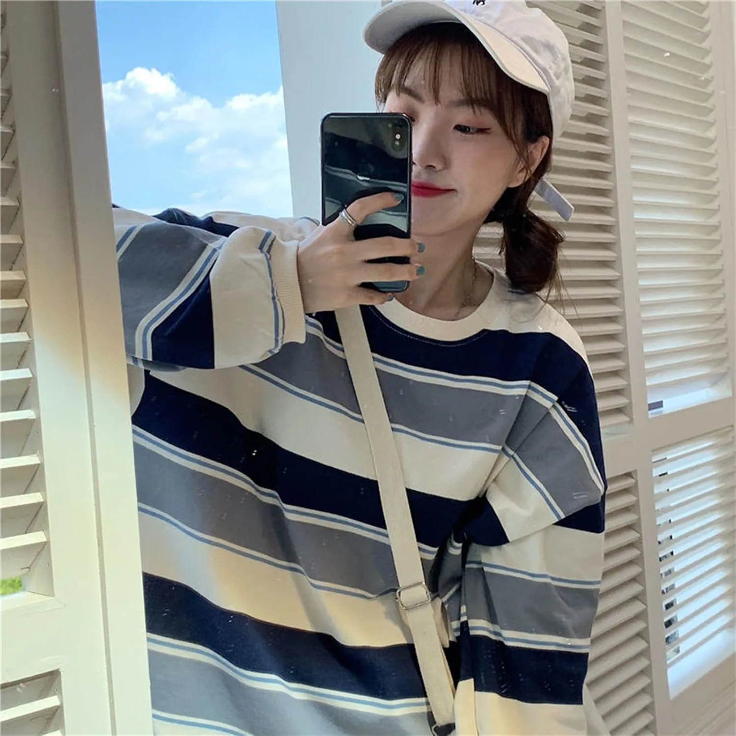 Women Harajuku Oversized Stripe Casual Long Sleeves Crewneck T-Shirt Tee Tops