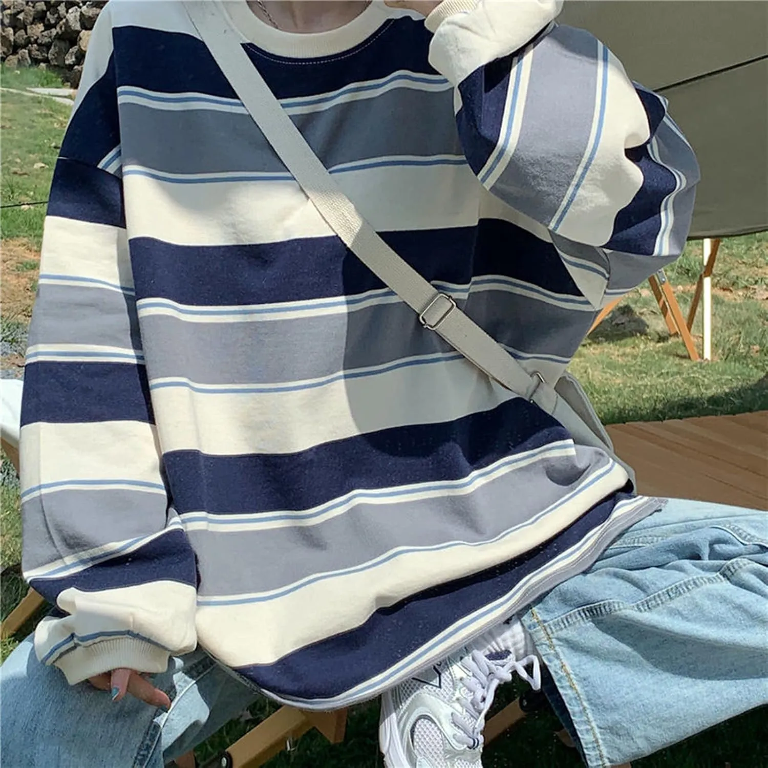 Women Harajuku Oversized Stripe Casual Long Sleeves Crewneck T-Shirt Tee Tops