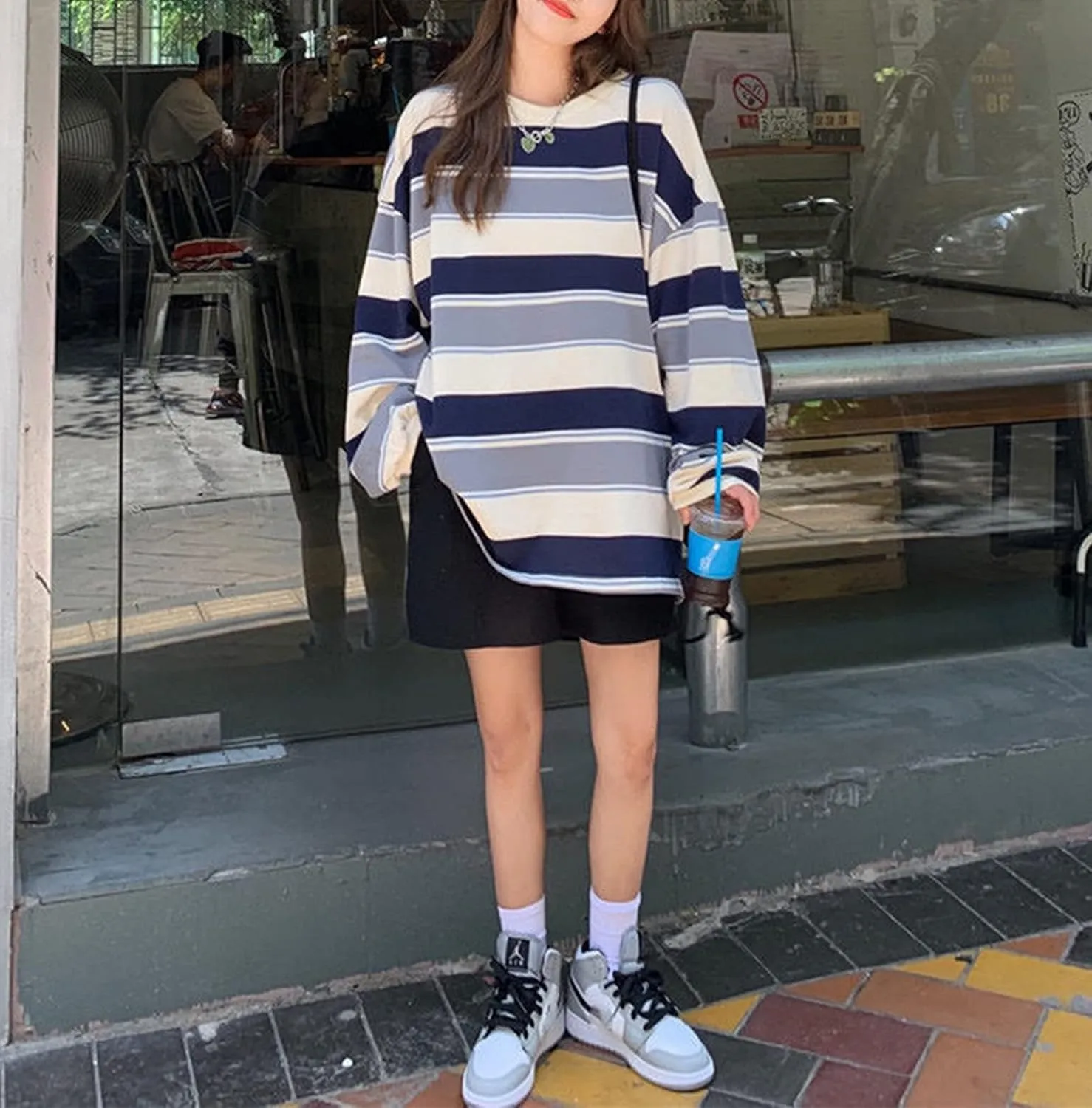 Women Harajuku Oversized Stripe Casual Long Sleeves Crewneck T-Shirt Tee Tops