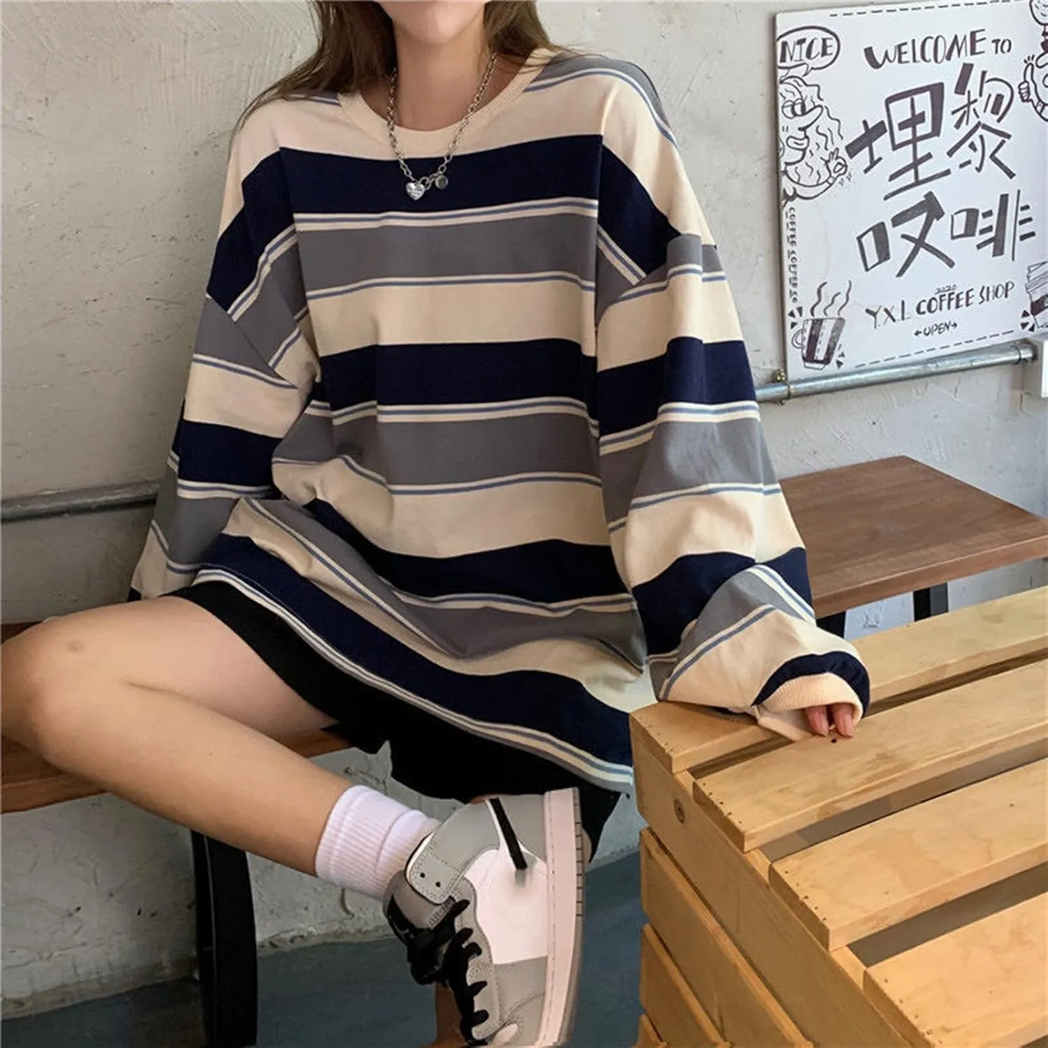 Women Harajuku Oversized Stripe Casual Long Sleeves Crewneck T-Shirt Tee Tops