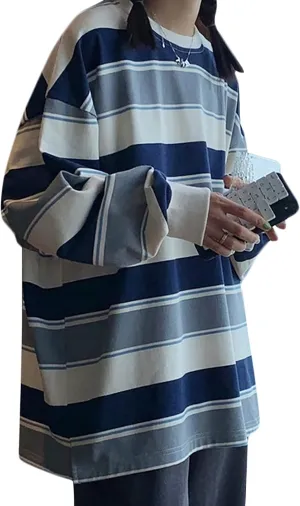 Women Harajuku Oversized Stripe Casual Long Sleeves Crewneck T-Shirt Tee Tops