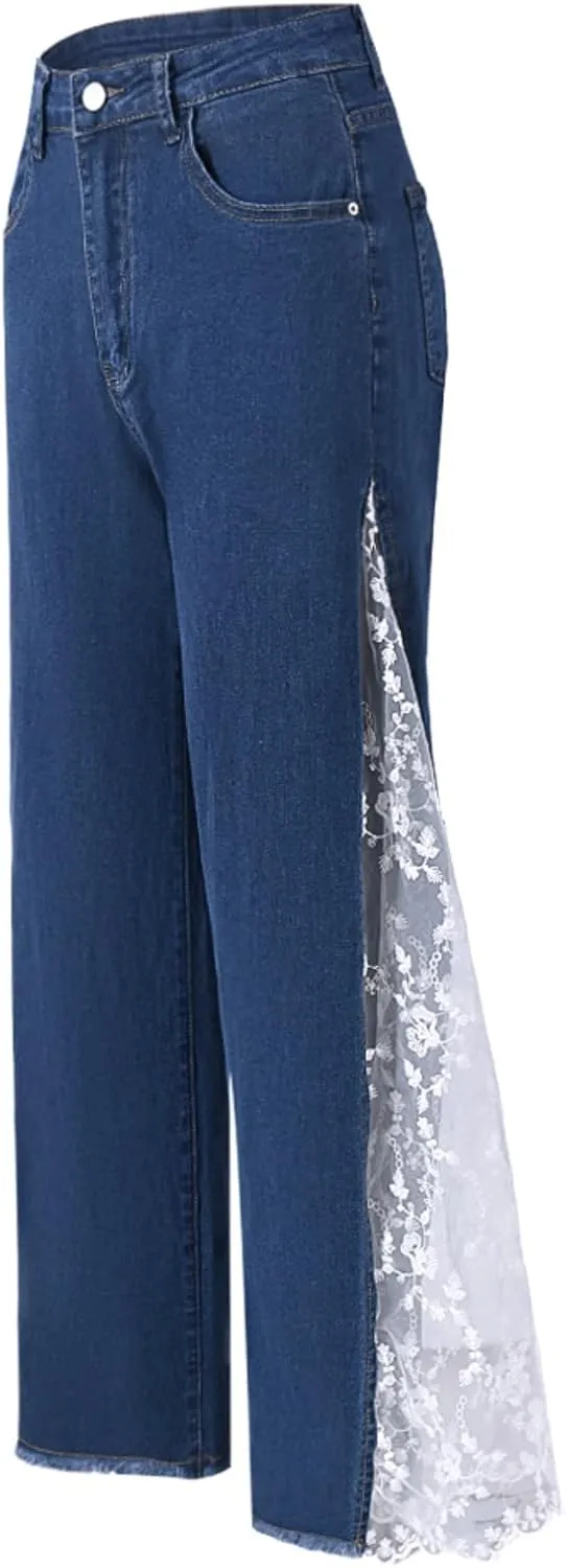 Women High Waisted Jeans Straight Wide Leg Pants Causal Patchwork Denim Pants with Lace
