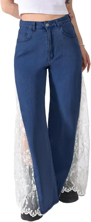 Women High Waisted Jeans Straight Wide Leg Pants Causal Patchwork Denim Pants with Lace