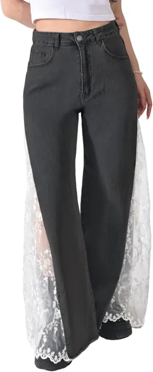 Women High Waisted Jeans Straight Wide Leg Pants Causal Patchwork Denim Pants with Lace