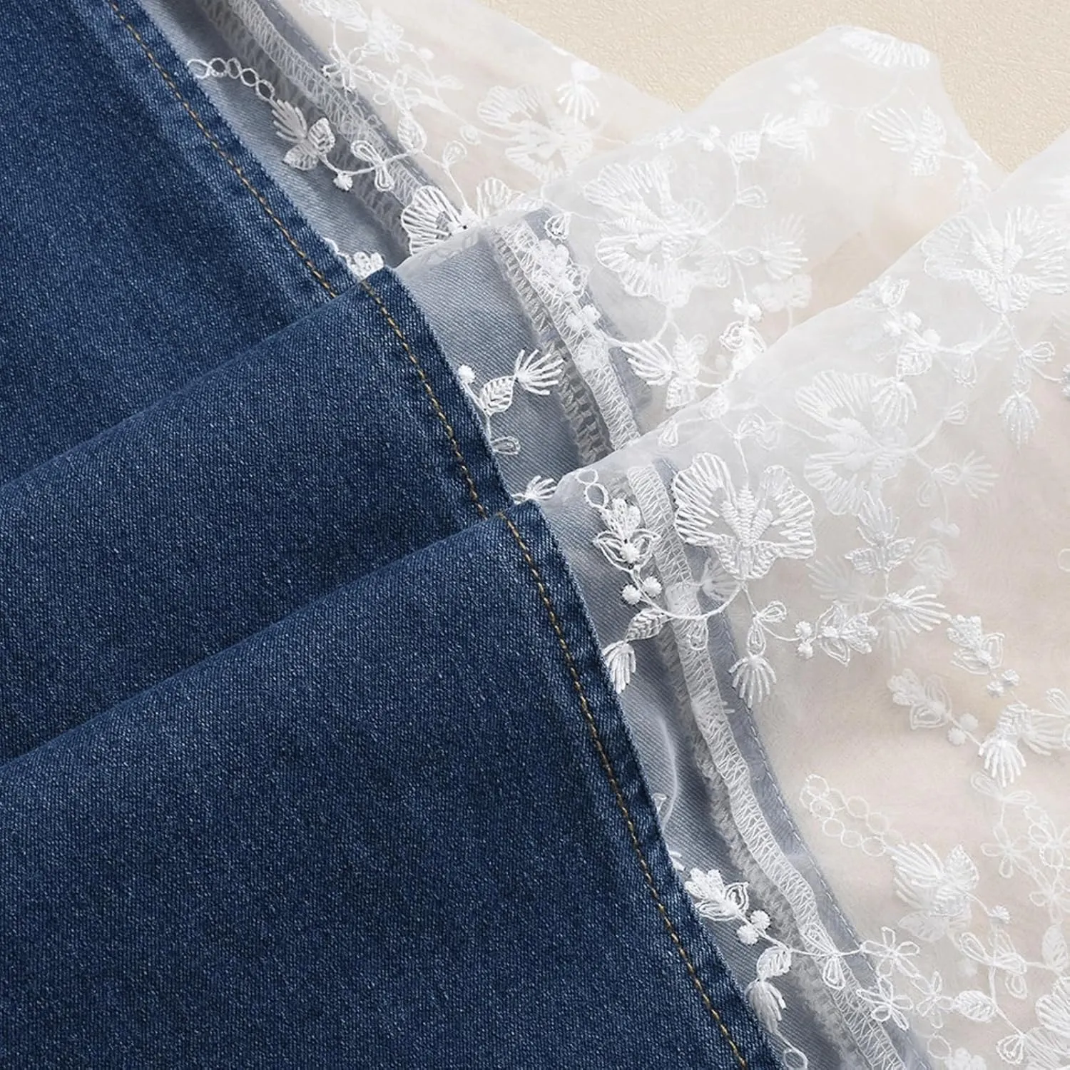 Women High Waisted Jeans Straight Wide Leg Pants Causal Patchwork Denim Pants with Lace
