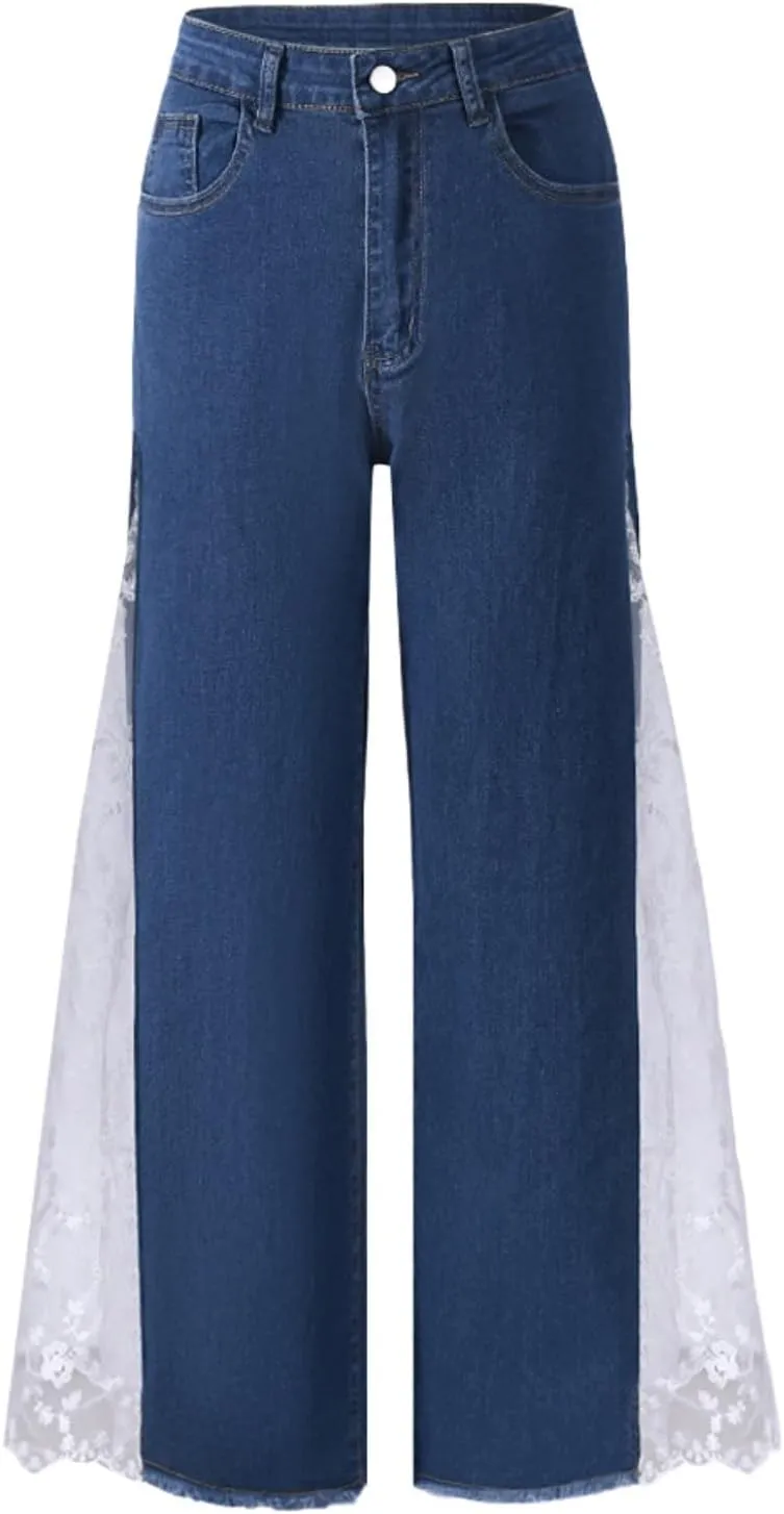 Women High Waisted Jeans Straight Wide Leg Pants Causal Patchwork Denim Pants with Lace