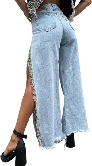 Women High Waisted Jeans Straight Wide Leg Pants with Rhinestone Fringe Trim Split On The Side