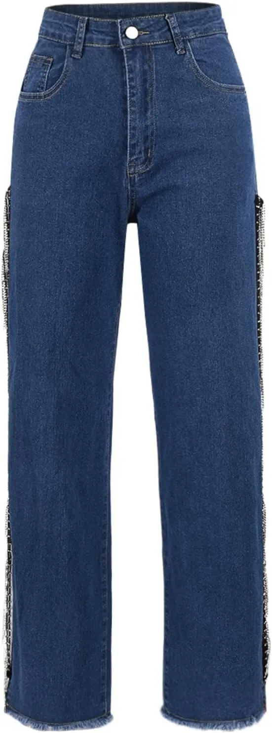 Women High Waisted Jeans Straight Wide Leg Pants with Rhinestone Fringe Trim Split On The Side