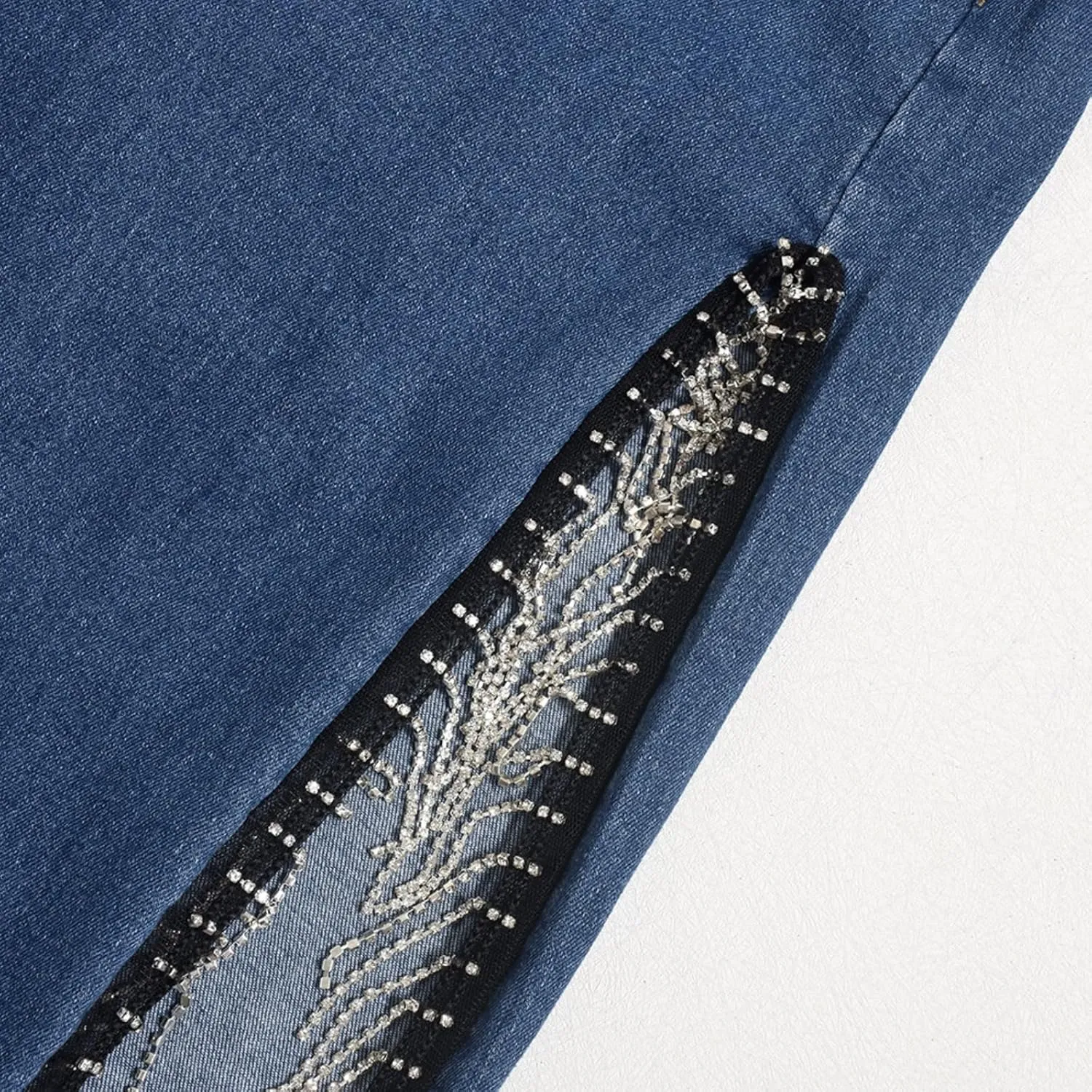 Women High Waisted Jeans Straight Wide Leg Pants with Rhinestone Fringe Trim Split On The Side