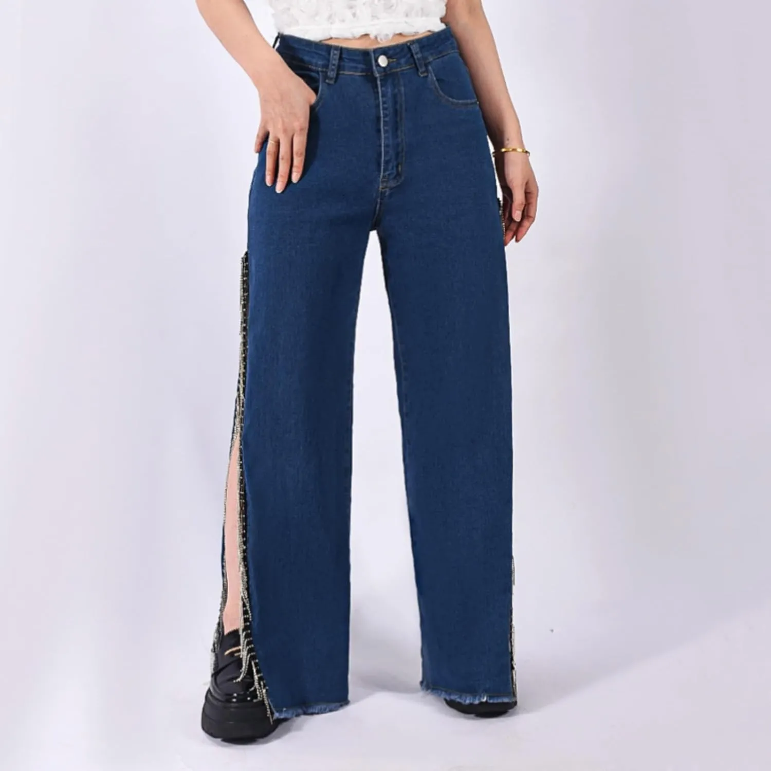 Women High Waisted Jeans Straight Wide Leg Pants with Rhinestone Fringe Trim Split On The Side