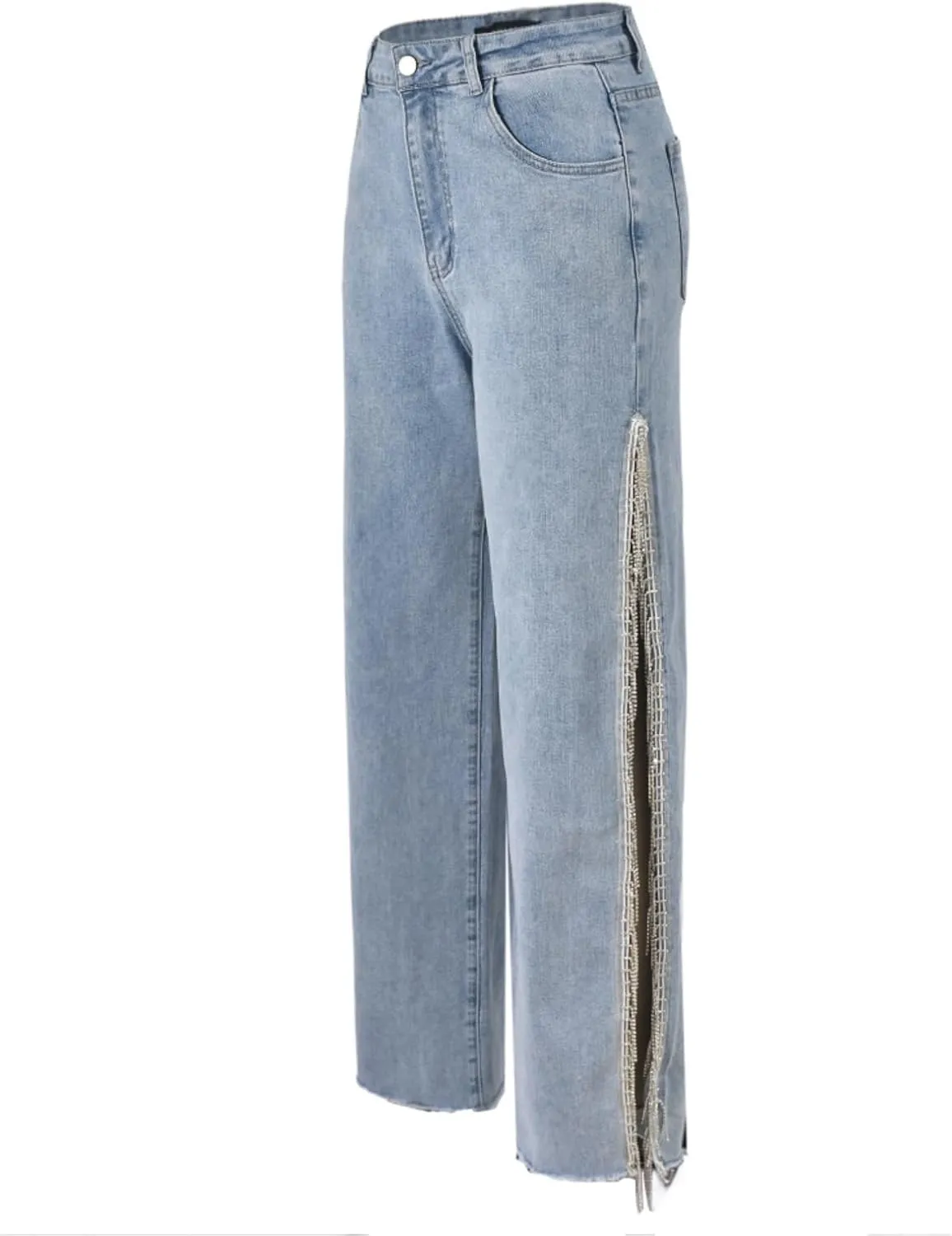 Women High Waisted Jeans Straight Wide Leg Pants with Rhinestone Fringe Trim Split On The Side