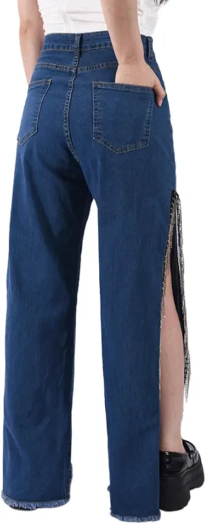 Women High Waisted Jeans Straight Wide Leg Pants with Rhinestone Fringe Trim Split On The Side
