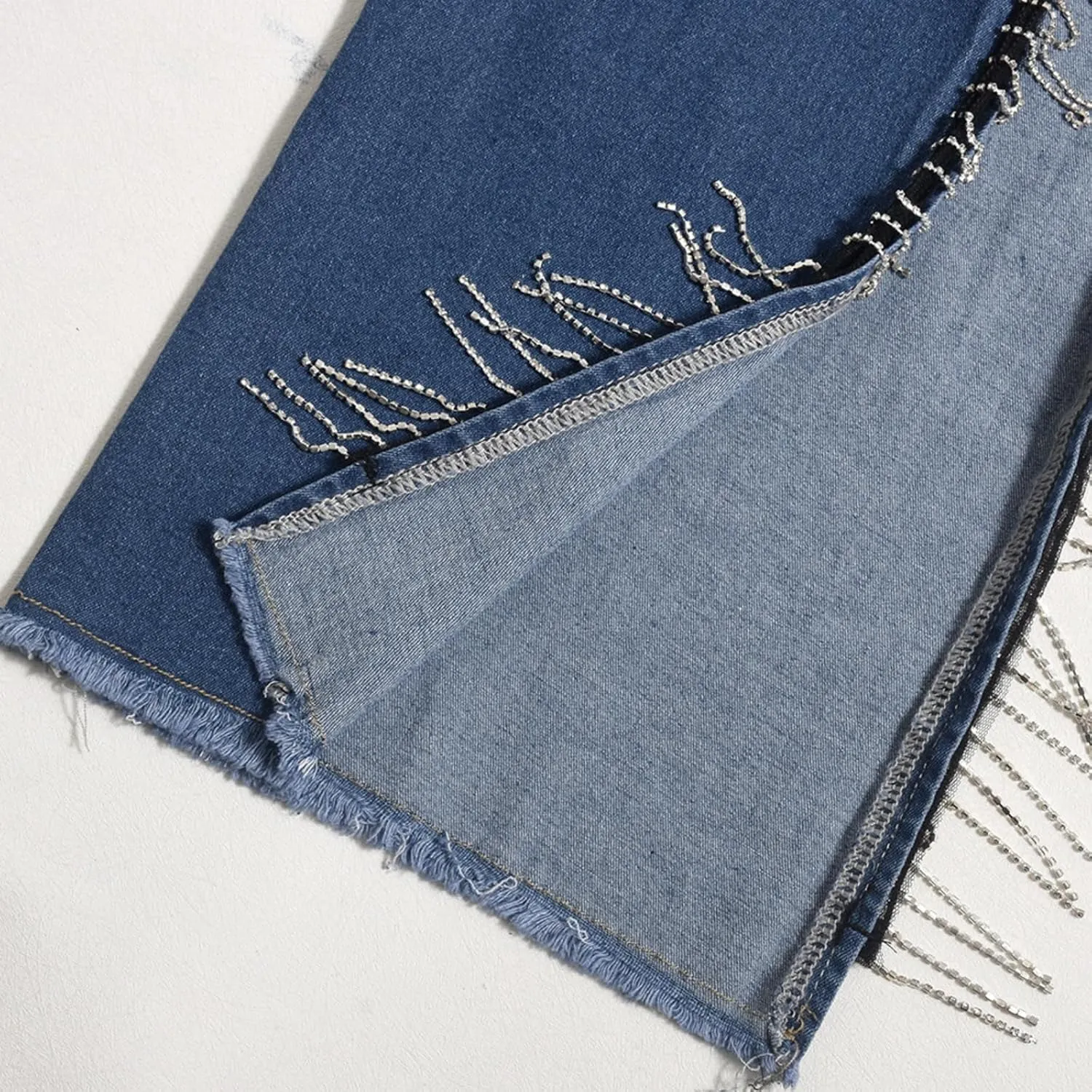 Women High Waisted Jeans Straight Wide Leg Pants with Rhinestone Fringe Trim Split On The Side